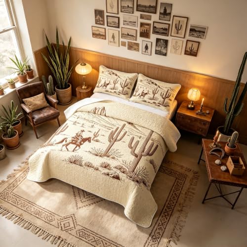 Full Size Manfei Western Cowboy Quilt Set with Pillow Shams - White Brown Vintage Bedspread