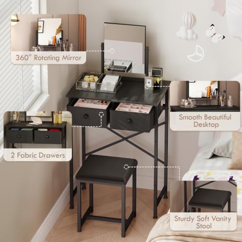 Black Vanity Desk with Mirror & Chair - 19.7in Mini Dressing Table Set for Kids & Teens (Variation: Black)