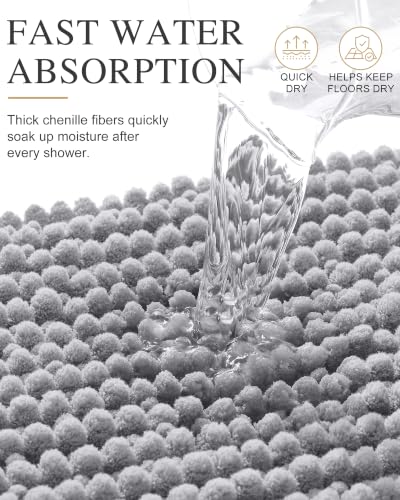 Grey Thick Bathroom Rug 30x20 Chenille Absorbent Non-Slip Bath Mat