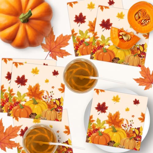 Fall Thanksgiving Napkins - Orange Maple Leaf Pumpkin Paper Cocktail Napkins Set of 40