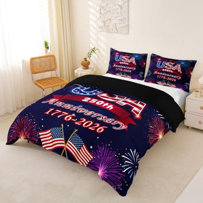 USA Patriotic Duvet Cover Set - Full Size Violet Merlot Bedding 3Pcs