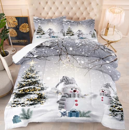King Size Christmas Snowman Comforter Set - Snowy Forest Bedding, 104x90 Inch