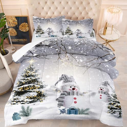 King Size Christmas Snowman Comforter Set - Snowy Forest Bedding, 104x90 Inch