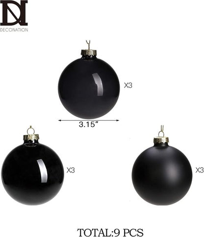 DN DECONATION Black Glass Christmas Ornaments - 3.15” Hanging Baubles for Gothic Tree Decor | Set of 9