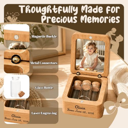 KDY Personalized Baby Keepsake Box - Custom Engraved Wooden Memory Box with Photo Display - Raw Walnut Wood