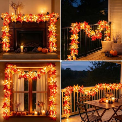 9FT Fall Garland with Lights - Large Maple Leaves & Orange Bulbs for Indoor Outdoor Decor