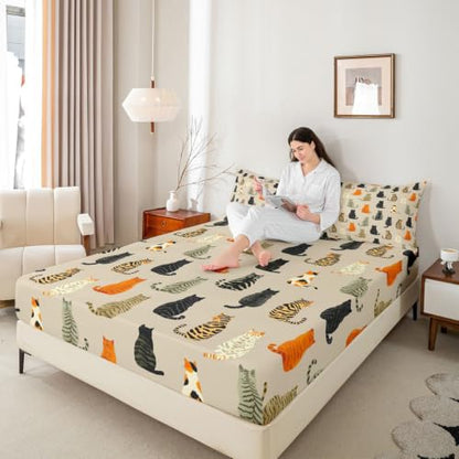 Manfei Cat Fitted Sheet Twin Size Orange Black Kitten Bedding Set 2Pcs - Deep Pocket