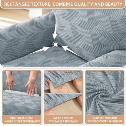 Stretch Couch Cover for 2 Cushion Loveseat - Light Grey, Geometrical Jacquard, Medium (55-69")
