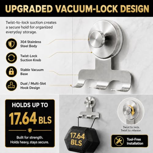 Heavy-Duty Shower Razor Holder Suction Cup Hooks - Brushed Silver, 2 Pack
