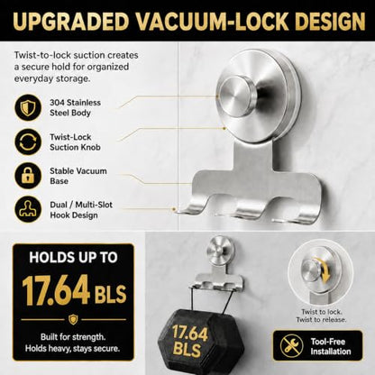 Heavy-Duty Shower Razor Holder Suction Cup Hooks - Brushed Silver, 2 Pack