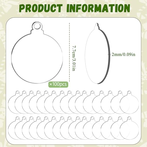 Clear Acrylic Ornament Blanks 3-Inch - 100 Pack for DIY Christmas Crafts