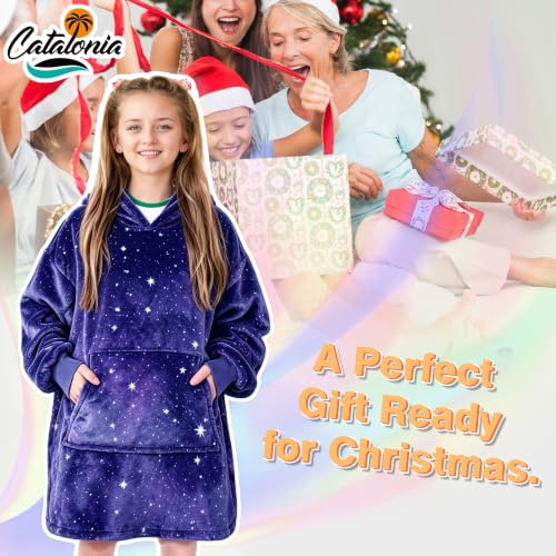 Kids Oversized Hoodie Blanket - Galaxy Dark Fleece Wearable Blanket for Kids