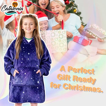 Kids Oversized Hoodie Blanket - Galaxy Dark Fleece Wearable Blanket for Kids