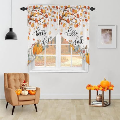 Pumpkin Fall Maple Leaves Swag Valance Curtains for Kitchen & Bedroom - 2 Panels 56W x 36L, Pumpkin04 Variation