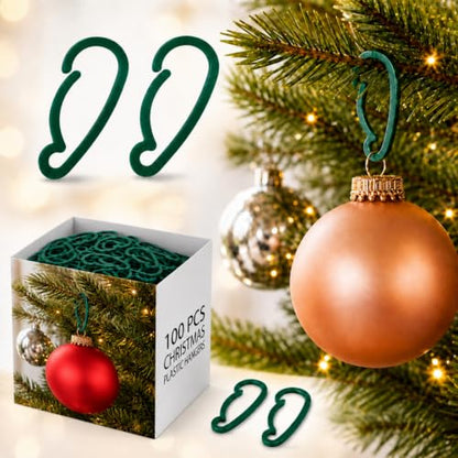 Christmas Ornament Hooks Set, Green Plastic, 100 Pieces for Tree Decoration