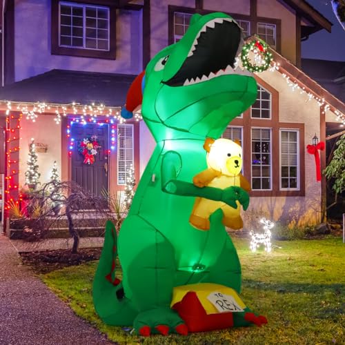 Christmas Dinosaur Inflatable Yard Decoration with LEDs, T Rex Holding Bear & Xmas Hat