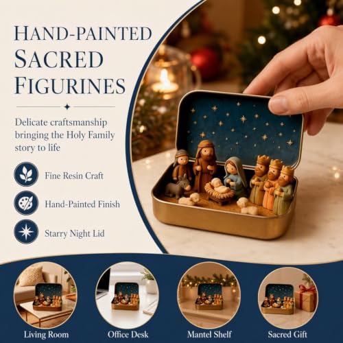 Multicolor Mini Nativity Set in Tin Box Handcrafted Religious Figurines Christmas Decor