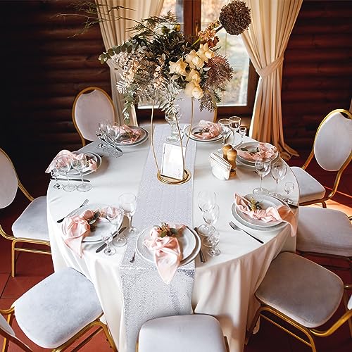 Silver and White Round Plastic Tablecloth & Sequin Runner Set - Party Decor
