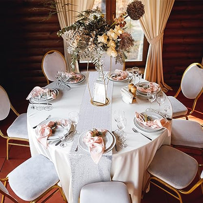 Silver and White Round Plastic Tablecloth & Sequin Runner Set - Party Decor