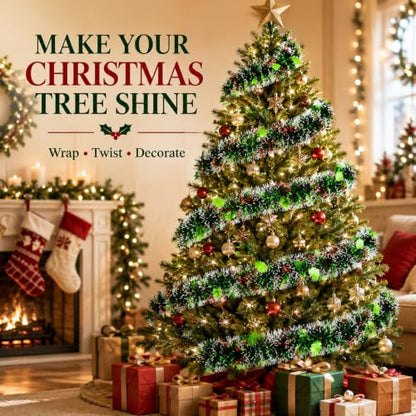 Rainflow 5 Pack Christmas Tinsel Garland - Green & Red Metallic Holiday Decor