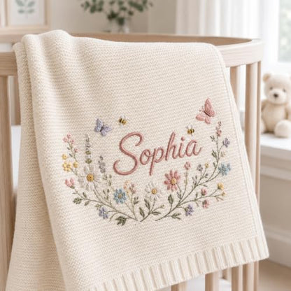 Baby Blanket Custom Embroidered Floral Knitted Nursery Throw - Style 1