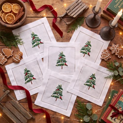 Christmas Tree Embroidered Cocktail Napkins - Set of 6, White