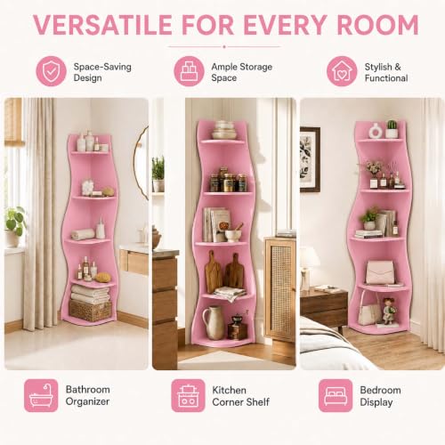 Pink 5-Tier Wavy Corner Shelf for Small Spaces - Curvy Wall Organizer
