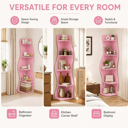 Pink 5-Tier Wavy Corner Shelf for Small Spaces - Curvy Wall Organizer