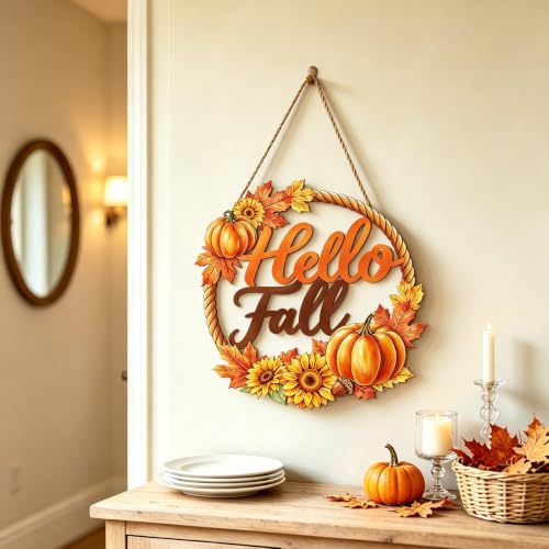 Fall Door Wreath Decor with Pumpkins Sunflowers & Hello Fall Sign