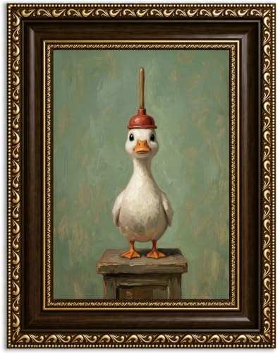 Funny Bathroom Duck Wall Art Canvas - Gold Frame, 9x11 inches, Goose Variation