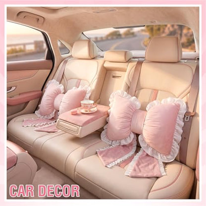 Pink Bow Pillow Set - Ruffled Dutch Velvet Decorative Cushions for Girls Room