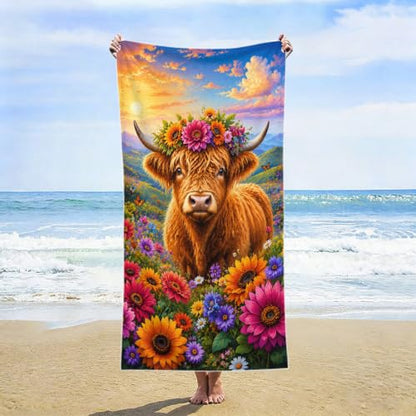 Highland Cow Pattern Beach Towel 36x72 Inch - Wildflower Variation