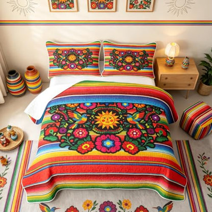 Exotic Retro Floral Quilt Set Queen Size with Red Green Variation - Boho Rainbow Geometric Bedding with 2 Pillowcases