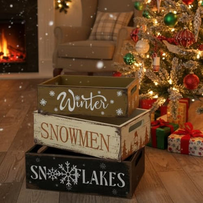 Christmas Wooden Crate Set - Rustic Snowman Snowflakes Holiday Storage Box - Winter Snowman Snowflakes Variation