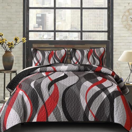 California King Quilt Set Red & Grey Stripe Bedding with Pillowshams - Anibedding Classic Line