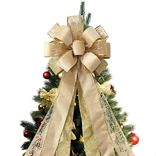Large Christmas Tree Topper Bow with Glitter Satin Streamers - 43x13 Inches