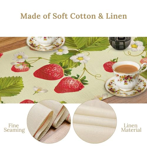 Spring Summer Strawberry Table Runner 13x36in - Rustic Fruit & Flower Print