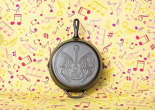 Lodge 12 Inch Dolly Parton Pre-Seasoned Cast Iron Stamped Skillet - Signature Teardrop Handle - Use in the Oven, on the Stove, on the Grill, or Over a Campfire, Black