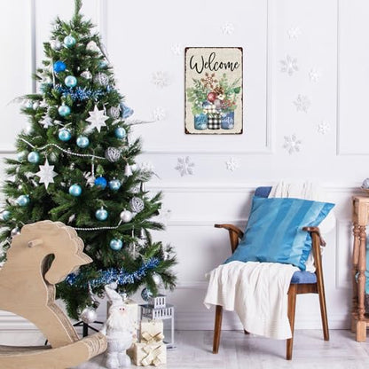 Winter Retro Tin Sign with Plants Snowflakes Welcome Christmas Wall Art 12x8
