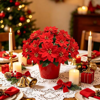 Artificial Red Poinsettia Flowers - Realistic Holiday Christmas Decor - 6PCS