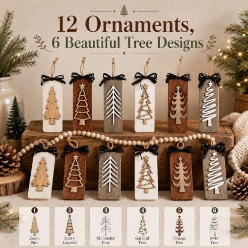 12 Pack Wooden Christmas Tree Ornaments - Rustic Farmhouse Holiday Decor