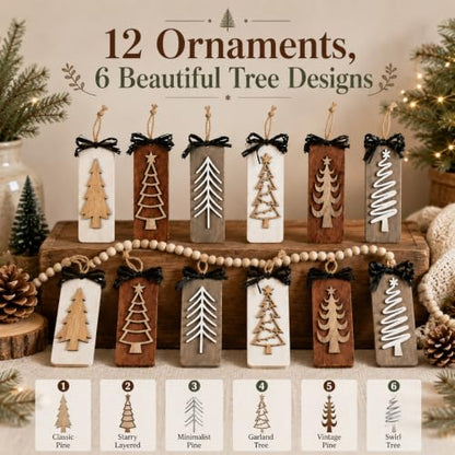 12 Pack Wooden Christmas Tree Ornaments - Rustic Farmhouse Holiday Decor
