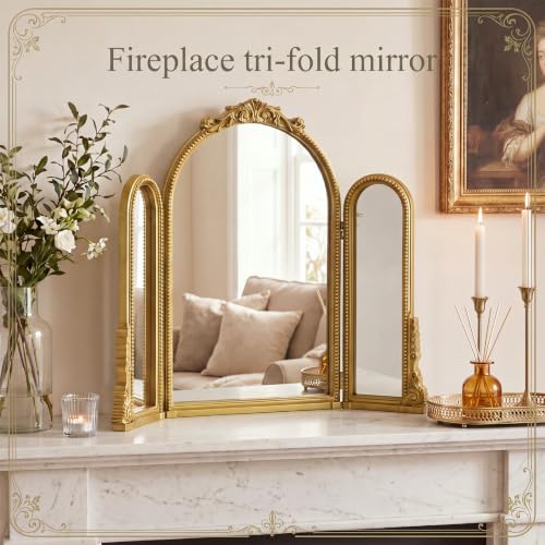 Wonderjune Vintage Gold Arched 3-Way Trifold Vanity Mirror - Baroque Style