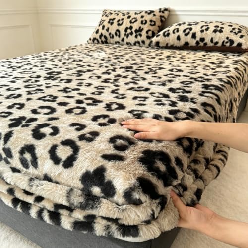 Plush Shaggy Queen Fitted Sheet with Deep Pockets - Leopard Print Tan Variation of Queen
