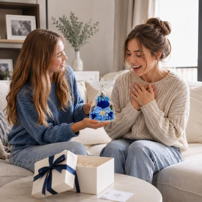 Blue Preserved Rose in Angel Glass Dome with LED Light - Gift for Mom