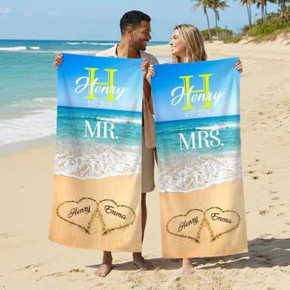 Personalized Couple Beach Towel with Names - Quick Dry Sandproof Gift for Weddings & Anniversaries