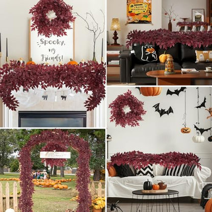 Artificial Burgundy Leaf Vine Garland 2 Pack - 5.9Ft Fall Decor