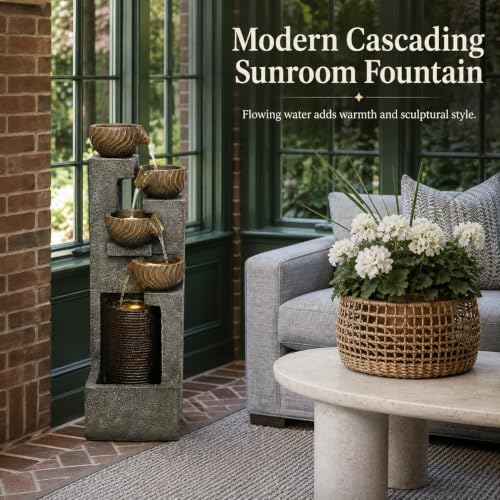 Sunroom Floor Fountain 43.7 in with 4-Bowl Cascade & Warm LED Light Gray Brown Variation