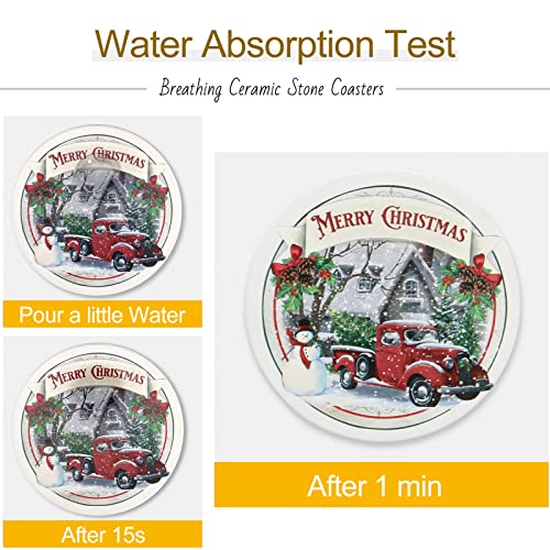 Ceramic Christmas Absorbent Coasters Set of 6 with Car Design and Cork Bottom