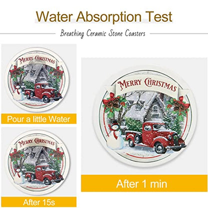 Ceramic Christmas Absorbent Coasters Set of 6 with Car Design and Cork Bottom